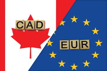 Canada and Europe currencies codes on national flags background