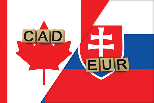 Canada and Slovakia currencies codes on national flags background