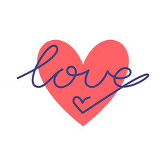 Vector illustration of red heart and hand drawn lettering "love". Line art. For web, stickers, greeting card and another print design