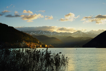 Winter morning lake sunrise with golden light on Piediluco, Terni, Umbria, Italy