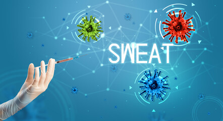 Syringe, medical injection in hand with SWEAT inscription, coronavirus vaccine concept