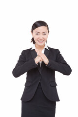 Young business woman paying New Year using cell phone 