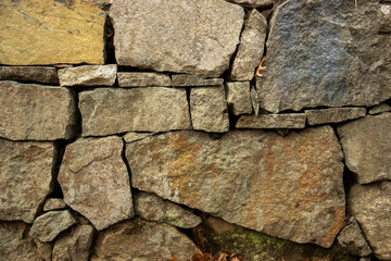 A stone wall made of cobblestones background for texture.