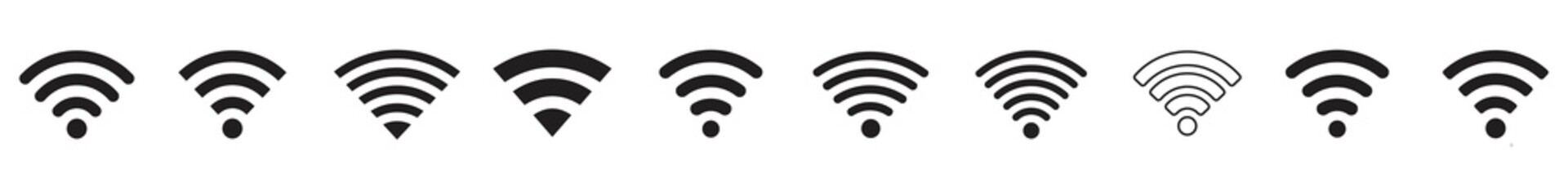 Wireless and wifi icon set. Internet access Connection. Wi-fi signal various shapes symbol. Vector illustration.