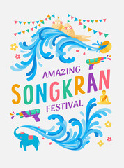 Fototapeta na wymiar Amazing Songkran festival Thailand water splash vector illustration, Water gun and water bowl and cute elephant splashing the water celebration, Thai vintage colorful style.
