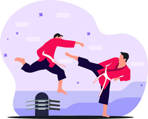 Karate martial art masters duo fight illustration, kungfu fight illustration, two people in close-hand combat flat illustration, unique fight pose.