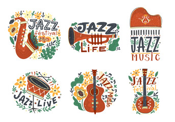 Jazz festival poster template. Lettering and floral decoration