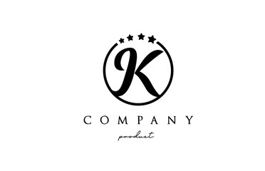 K alphabet letter logo for corporate and company. Design with circle and star in simple black and white colors. Can be used for a luxury brand