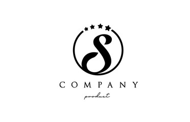 S alphabet letter logo for corporate and company. Design with circle and star in simple black and white colors. Can be used for a luxury brand