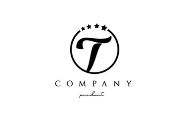 T alphabet letter logo for corporate and company. Design with circle and star in simple black and white colors. Can be used for a luxury brand