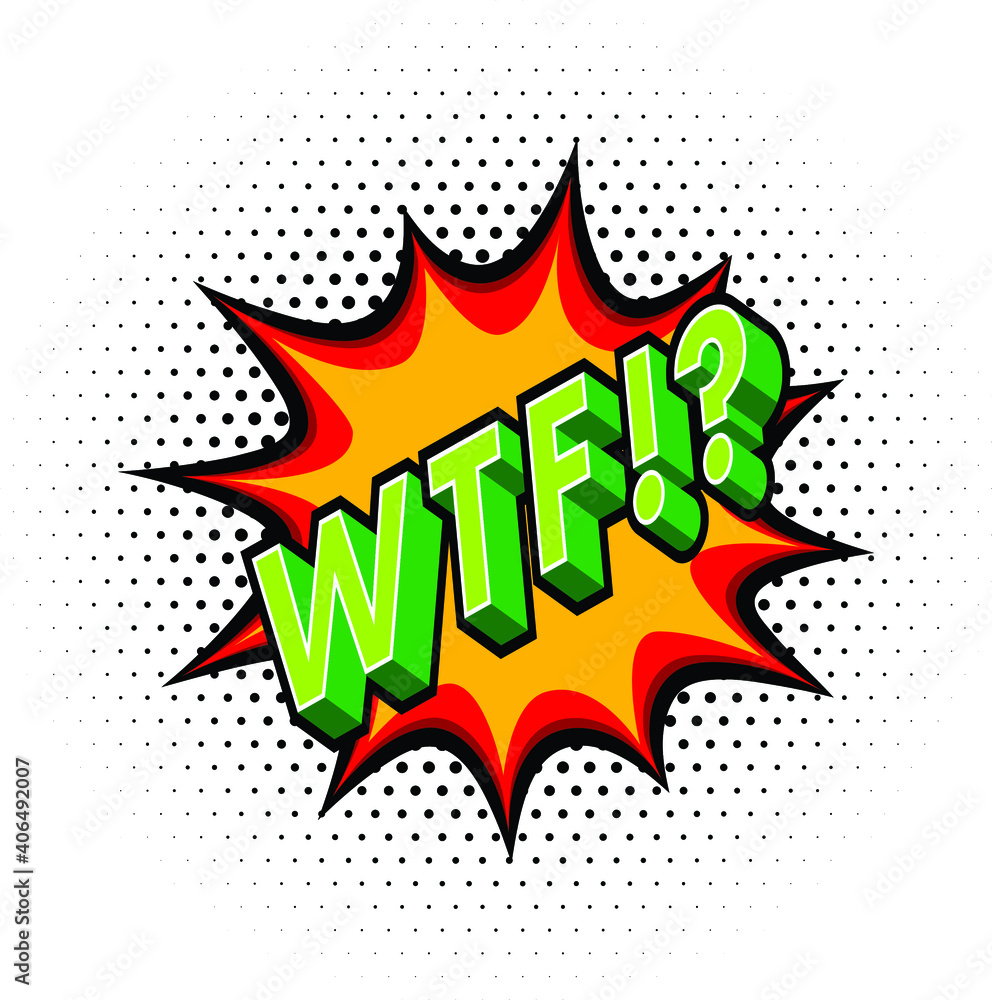 Poster wtf effect with halftone in comic book style. vector design element. retro sticker. swear word.