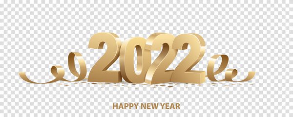 Happy New Year 2022. Golden 3D numbers with ribbons and confetti , isolated on transparent background.