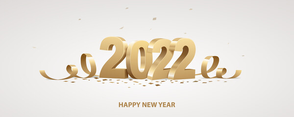 Obraz na płótnie Canvas Happy New Year 2022. Golden 3D numbers with ribbons and confetti on a white background.