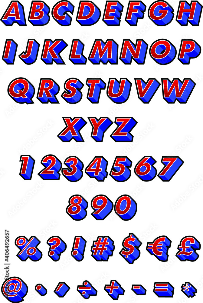 Poster 3D Alphabet, Numbers, Punctuation Marks, Money Symbols with Stripe Effect. Vector Design Element. Global Colors Used.