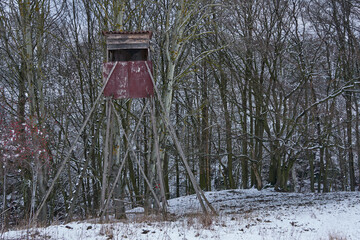 Hunting towers - elevated places for hunters on the edges of fields, forests in Central Bohemia at...