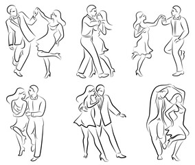 Fototapeta na wymiar Collection. Beautiful young couple. The girl and the guy are dancing. Creative art. Graphic image. Vector illustration set.
