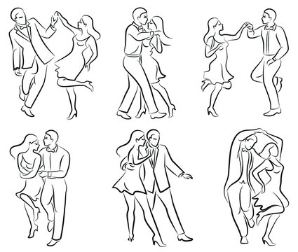 Collection. Beautiful young couple. The girl and the guy are dancing. Creative art. Graphic image. Vector illustration set.