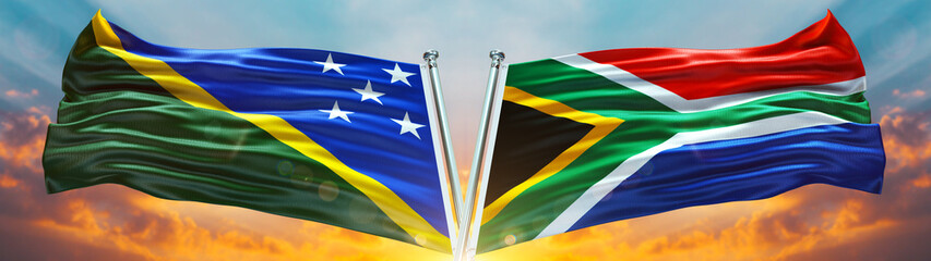Double Flag South Africa and Solomon Islands flag waving flag with texture sky Cloud and sunset...