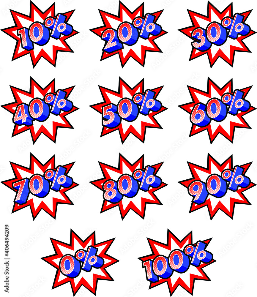 Poster percentage symbols and numbers effect with striped in comic book style. vector design element. retro