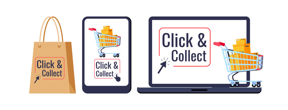 Click and collect retail delivery set isolated on white background. Supermarket trolley cart, parcels box on laptop smartphone bag click collect, arrow. Flat cartoon buy and pick vector illustration