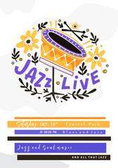 Jazz festival poster template. Lettering and floral decoration