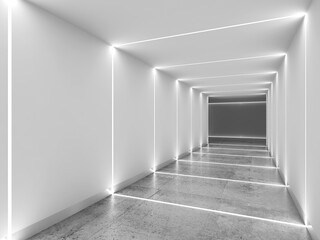 White tunnel with polished concrete floor, 3d