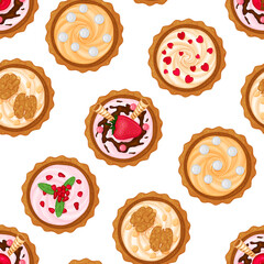 seamless pattern from sweet cupcakes with various fillings. Cartoon style. Vector illustration.