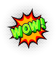 Wow Effect with Halftone in Comic Book Style. Vector Design Element. Retro Sticker. Global Colors.