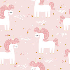 Seamless pattern with cute white unicorn. Pastel kids print. Vector hand drawn illustration.