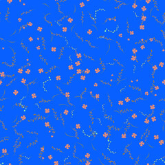 Childrens texture. Small flowers. Seamless floral blue pattern of flowers and branches with leaves. Delicate shades.