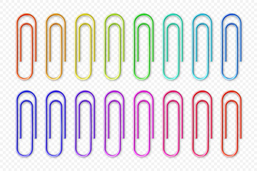 Realistic colorful metal paper clips on checkered background. Page holder, binder. Vector illustration.