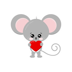Cute mouse with heart in paw isolated on white background. Grey lovely romantic elegant mouse with red heart. Flat design cartoon style animal character for valentines day card vector illustration.