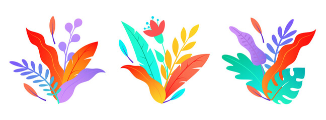 Set of bouquets of abstract colorful flowers and leaves. Flat design. Botanical illustration.