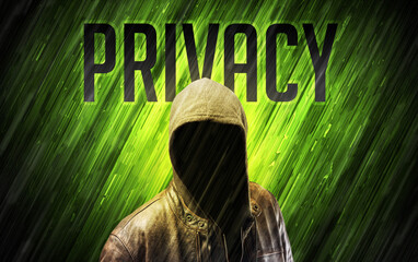 Mysterious man with PRIVACY inscription, online security concept