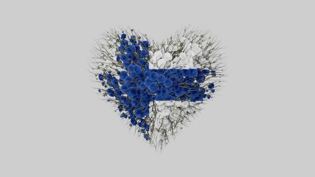 Finland National Day. Independence Day. December 6. Heart animation with alpha matte. Flowers forming heart shape. 3D rendering.