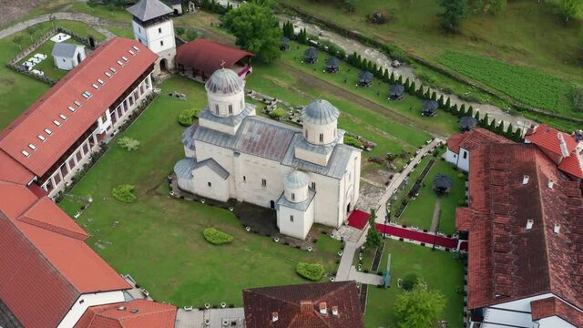 Mile&scaron;eva Monastery, traditional architecture in remote Serbian village, aerial