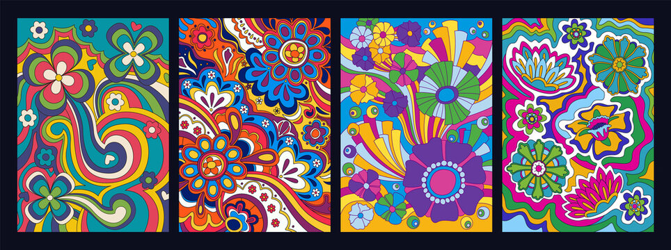Psychedelic Color Abstract Floral Backgrounds, 1960s Hippie Art Style Set
