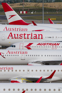 Stored Aircrafts Of Austrian Airlines Due To Covid 19 Travel Restrictions In Vienna, April 2020