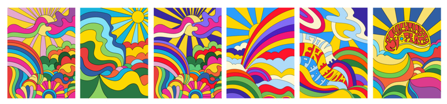 Set of 6 brightly colored psychedelic landscapes
