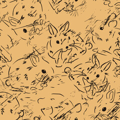 Vector seamless pattern with rabbit in old retro style. Vintage pattern grunge design. Hare texture on craft paper. Retro texture. Cute bunny pet