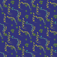 Fototapeta na wymiar Childrens texture. Small flowers. Seamless floral pattern of flowers and branches with leaves on a blue background. Delicate shades.