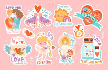 Fototapeta na wymiar Set of eight different Valentines Day stickers