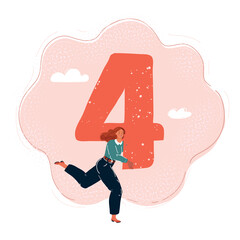 Vector illustration of woman who run and carries big 4 four number symbol