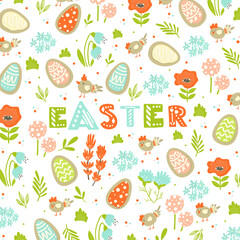 Easter greeting card with cookie eggs, hen, flowers