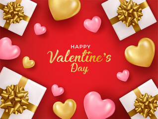 Fototapeta na wymiar Happy valentines day vector banner greeting card with valentine elements like gift and hearts design in red background. Gold metallic text Love, realistic red balloons. Vector Illustration