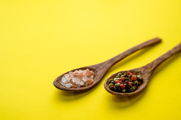 Fragrant spices in spoon and red pepper, top view
