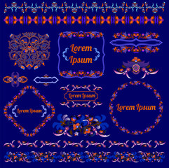 Set of colorful vector borders, dividers and frames of floral Arabian or Turkish national Islamic ornaments.