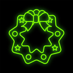 Glowing neon christmas sign with holly in circle frame. Christmas symbol web banner in neon style