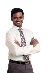 Indian business posing, isolated on a white background.