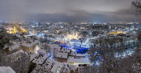 Winter in Graz - view from the landmark hill Schlossberg